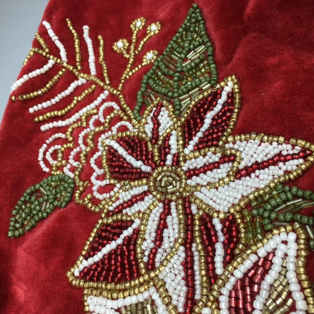 Max Studio Tabletop Mini Red Velvet Beaded Poinsettia Christmas Tree Skirt 22”